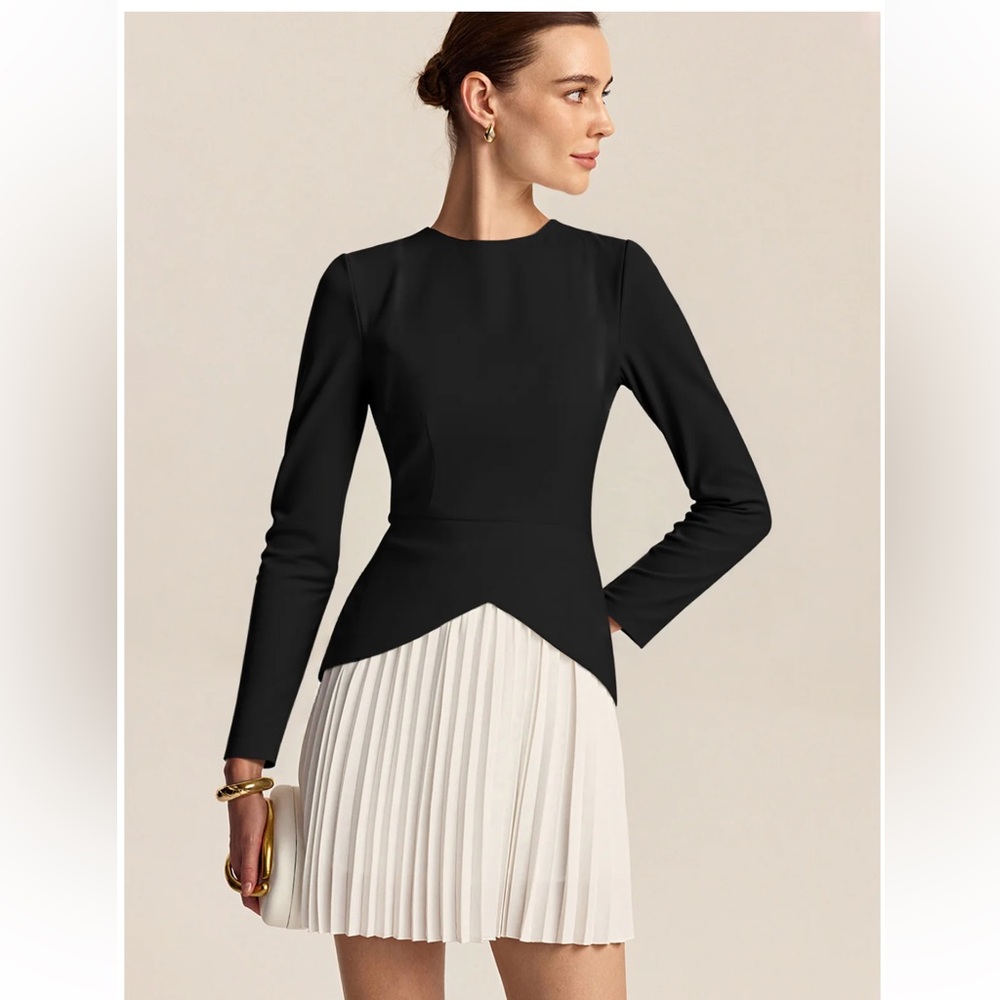 Commense Black Top with Cream Pleated Skirt Dress
